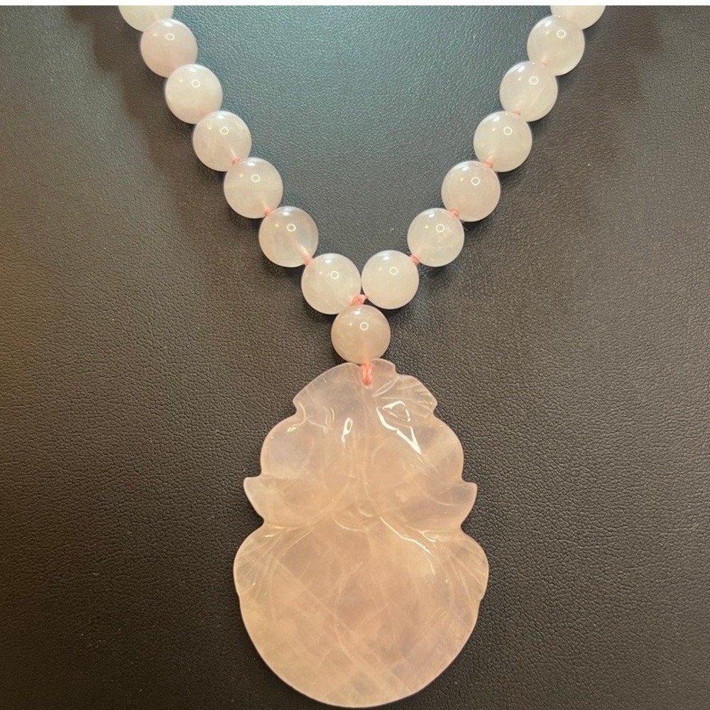 Vintage Rose Quartz Beaded Necklace Restrung Carved Pendant 2.25 Knotted 10mm 24